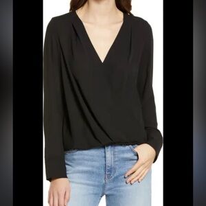 Nordstrom Halogen Black V-Neck faux wrap Blouse size S NWT